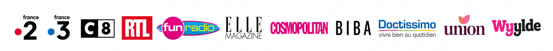 Logos des médias ayant relayé l'expertise de Jessica Pirbay : France 2, France 3, C8, RTL, Fun Radio, ELLE, Cosmopolitan, Biba, Doctissimo, Union, Wyylde