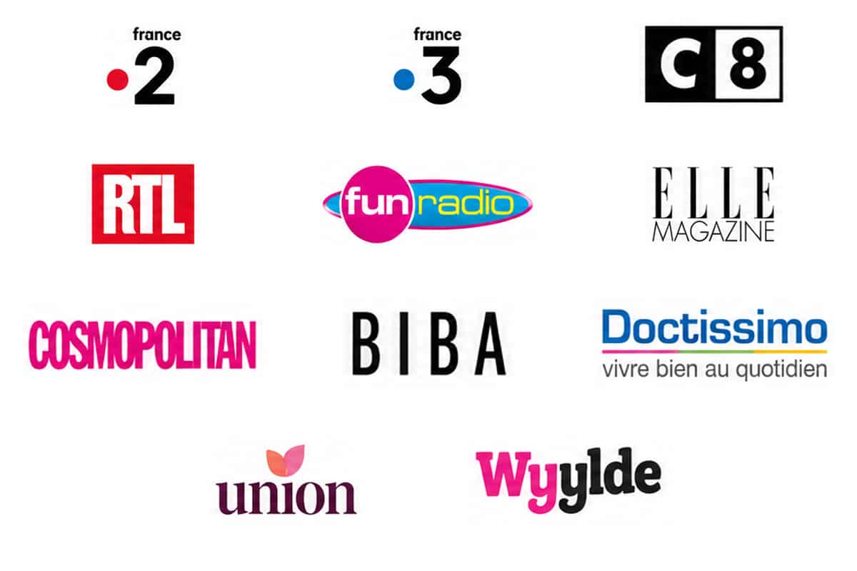 Logos des médias ayant relayé l'expertise de Jessica Pirbay : France 2, France 3, C8, RTL, Fun Radio, ELLE, Cosmopolitan, Biba, Doctissimo, Union, Wyylde